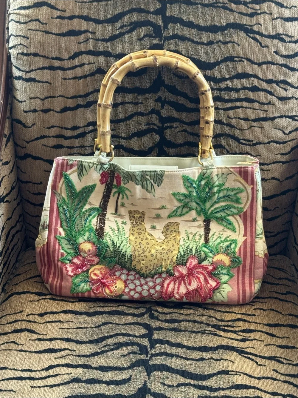 Tropical Floral Canvas Tote with Bamboo Handles - Pink & Green